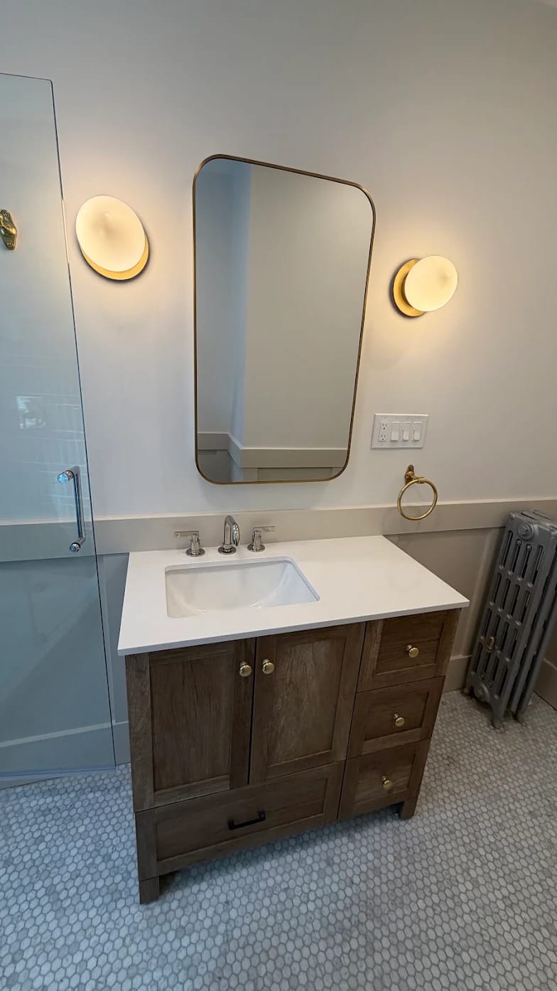 Wood Vanity with Gold Mirror
